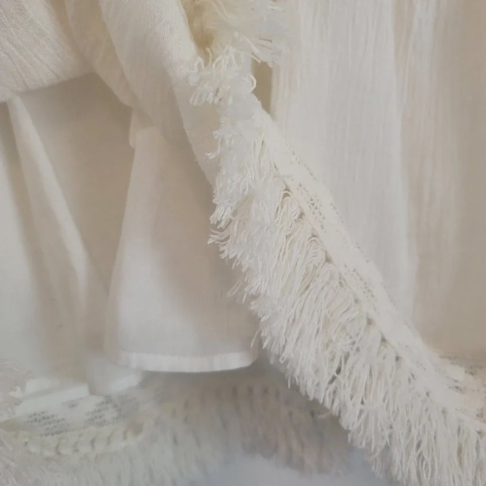 Aerie Womens Size XS White Gauze Summer Mini Dress Crochet trim Long Sleeve Boho - Picture 7 of 14